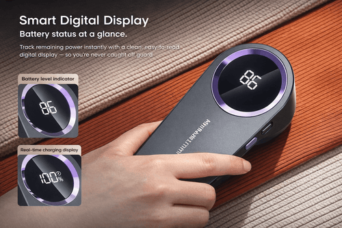 Uttonic fabric reviver showcasing smart digital display for tracking battery status and power levels.