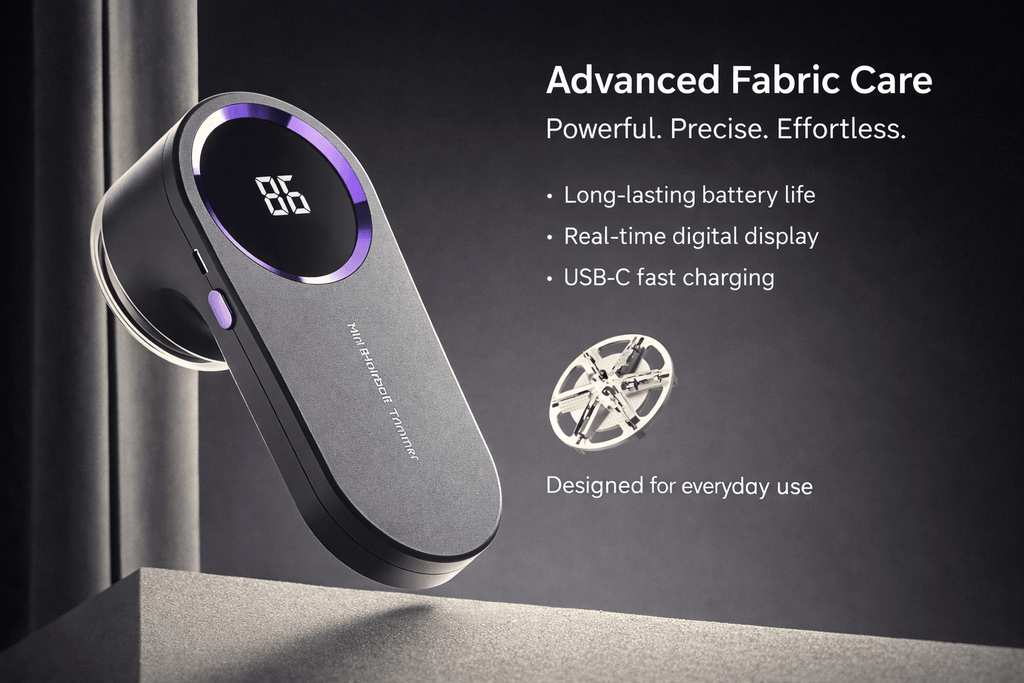 Uttonic fabric reviver showing advanced fabric care features and USB-C fast charging on a display.