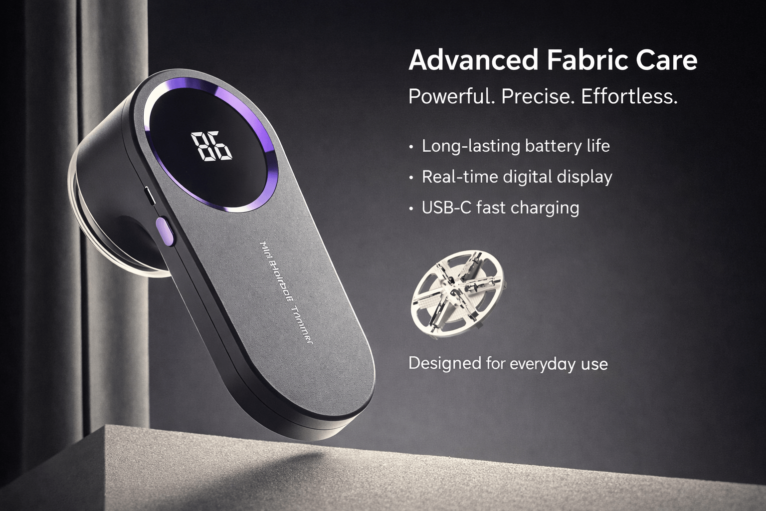 Uttonic fabric reviver showing advanced fabric care features and USB-C fast charging on a display.