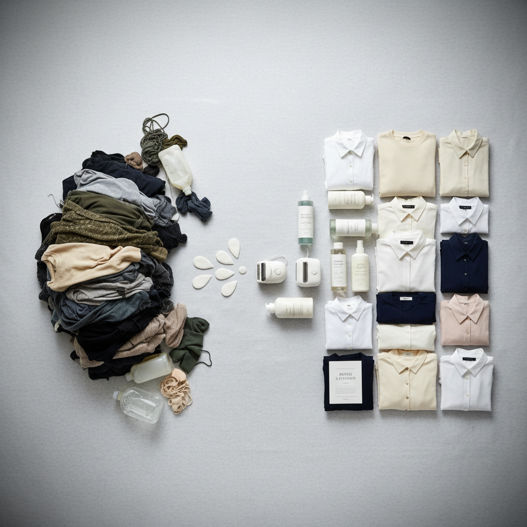 Clothing care journey flat lay