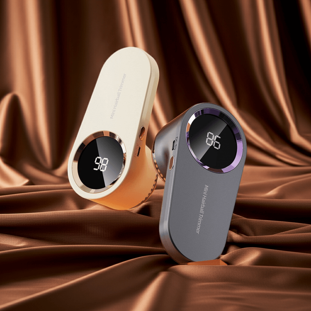 Uttonic fabric reviver in beige and gray on a silky fabric surface, showcasing powerful fabric shaver technology.